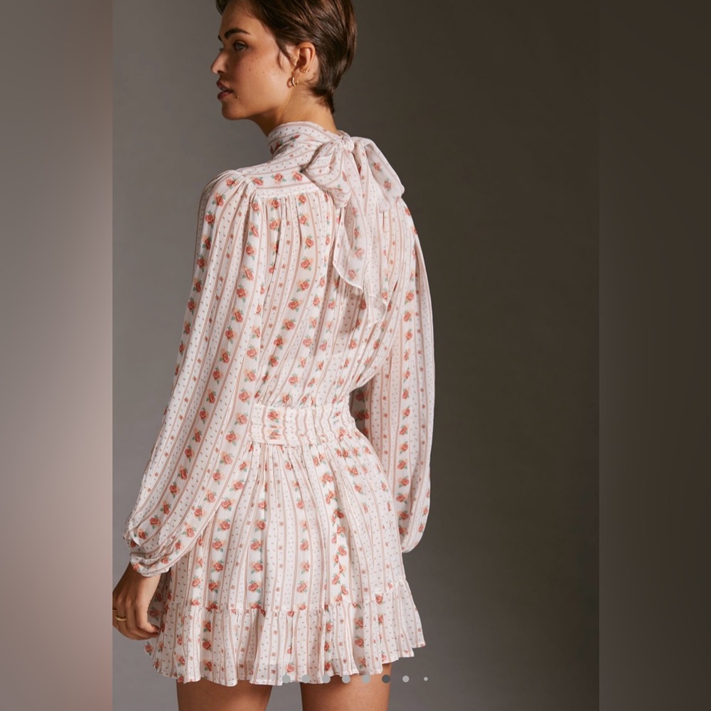 Anthropologie Let Me Be Pink Floral Combo Tie Mockneck Sheer Minidress  size XS - Picture 5 of 10